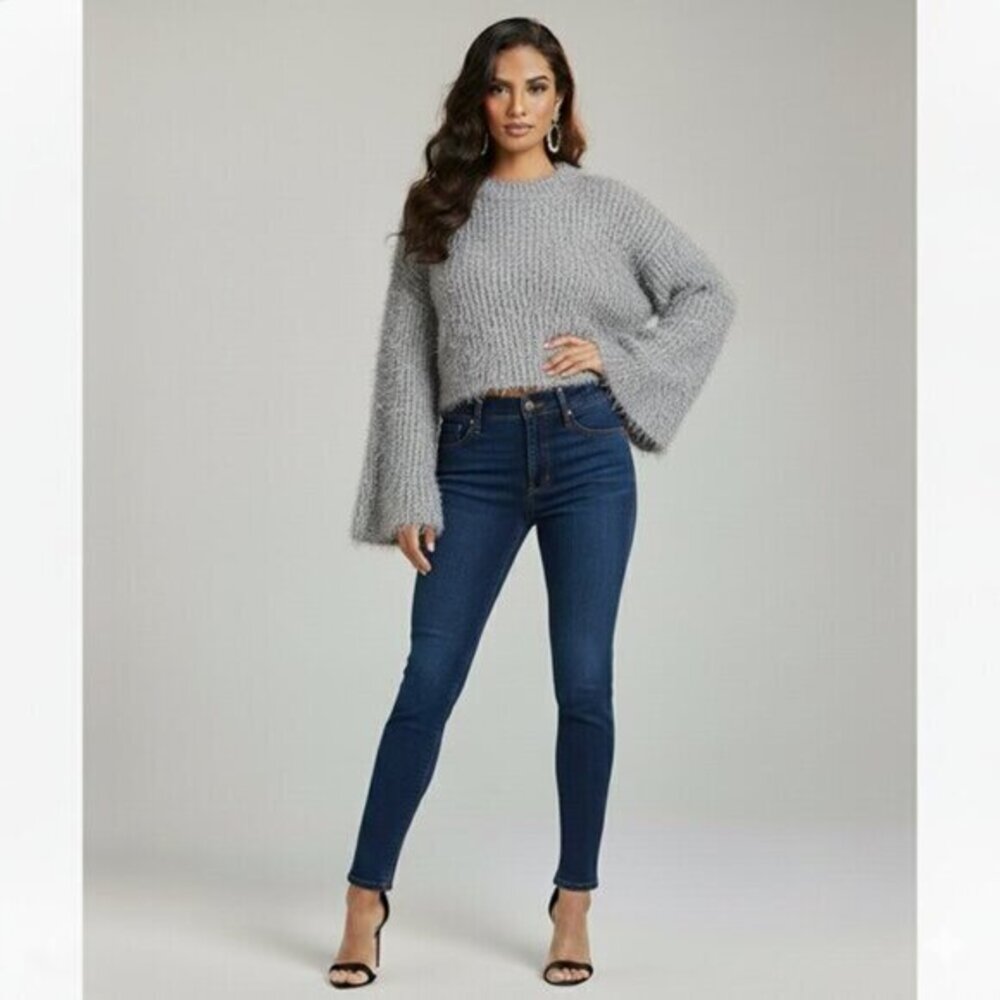 Women's Fuzzy Sweater wide sleeve Sparkle Cropped Grey Whimsigoth dark romance